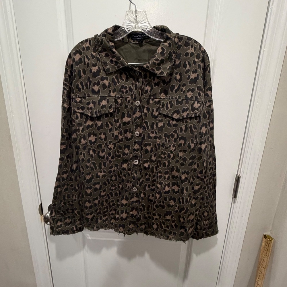 Flora Ashley Womens Jacket Leopard Animal Print Olive Green Size L